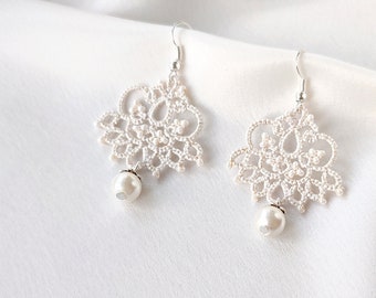 Wedding ivory earrings, Beaded lace earrings, Small chandelier lace earrings with pearl, Boho earrings