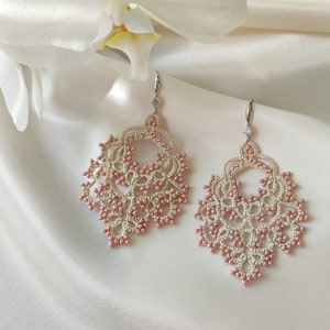 Top quality Victorian jewelry, Dusty rose earrings, Beaded lace earrings, Vintage style, Large lace earrings, Tatting ivory earrings image 4