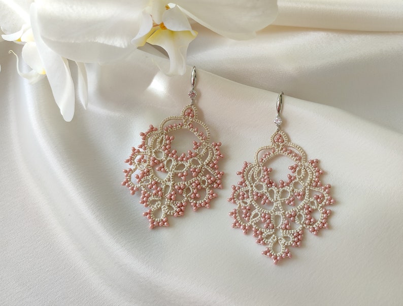 Top quality Victorian jewelry, Dusty rose earrings, Beaded lace earrings, Vintage style, Large lace earrings, Tatting ivory earrings image 4