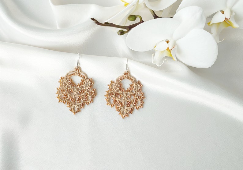 Hippie jewelry, Beaded large lace earrings, Tatting beige earrings image 1