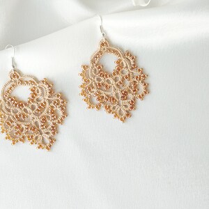 Hippie jewelry, Beaded large lace earrings, Tatting beige earrings image 3