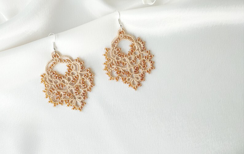 Hippie jewelry, Beaded large lace earrings, Tatting beige earrings image 3