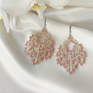 Top quality Victorian jewelry, Dusty rose earrings, Beaded lace earrings, Vintage style, Large lace earrings, Tatting ivory earrings image 1