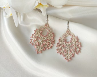 Top quality! Victorian jewelry, Dusty rose earrings, Beaded lace earrings, Vintage style, Large lace earrings, Tatting ivory earrings