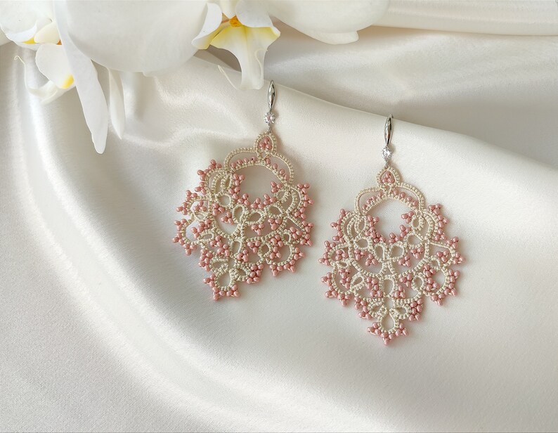 Top quality Victorian jewelry, Dusty rose earrings, Beaded lace earrings, Vintage style, Large lace earrings, Tatting ivory earrings image 1