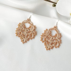 Hippie jewelry, Beaded large lace earrings, Tatting beige earrings image 5
