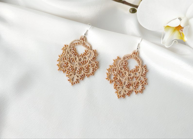 Hippie jewelry, Beaded large lace earrings, Tatting beige earrings image 5