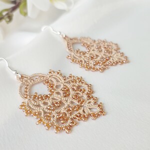 Hippie jewelry, Beaded large lace earrings, Tatting beige earrings image 2