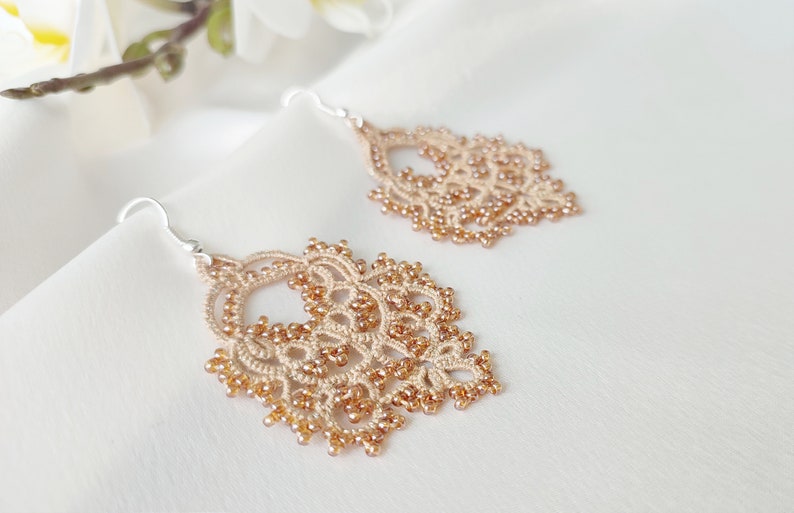 Hippie jewelry, Beaded large lace earrings, Tatting beige earrings image 2