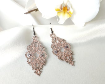 Top quality! Victorian jewelry, Coffee earrings, Beaded lace earrings, Vintage style, Large lace earrings, Tatting brown earrings
