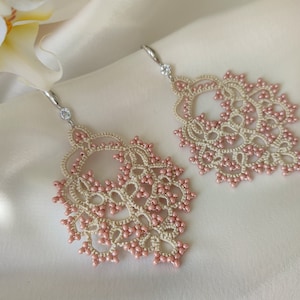 Top quality Victorian jewelry, Dusty rose earrings, Beaded lace earrings, Vintage style, Large lace earrings, Tatting ivory earrings image 2