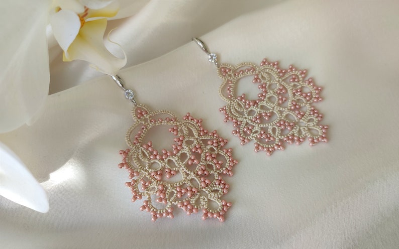 Top quality Victorian jewelry, Dusty rose earrings, Beaded lace earrings, Vintage style, Large lace earrings, Tatting ivory earrings image 2