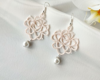 Vintage Tatting Lace Earrings, Light Chandelier Ivory Rose Earrings, Victorian Lace Jewelry, Vintage Style Flowers Earrings