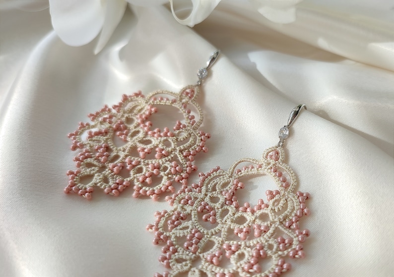 Top quality Victorian jewelry, Dusty rose earrings, Beaded lace earrings, Vintage style, Large lace earrings, Tatting ivory earrings image 3