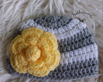 Sunblossom Hat//Newborn Hat//Flower Hat//Striped Hat//Baby Girl Beanie