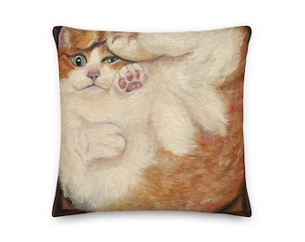 May include: A painting of a white and orange cat with green eyes, lying on its back with its paws in the air. The cat is painted in a realistic style with visible brushstrokes.