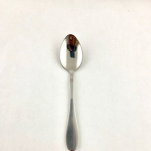 May include: A silver teaspoon with a rounded bowl and a long, slender handle.