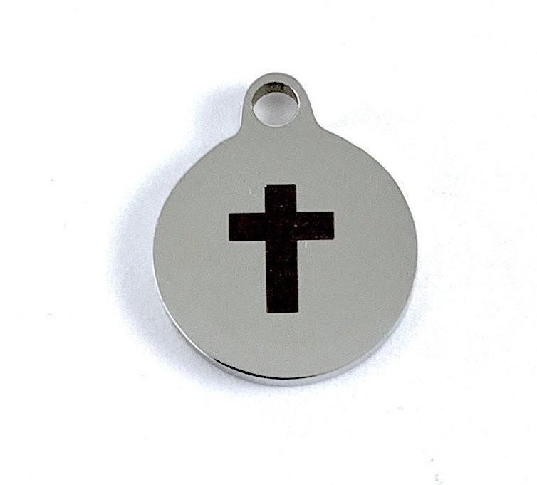 Small Rund Charm Cross Engraved Round Charm, 12 Mm Small Round Charm, Stainless Steel ...