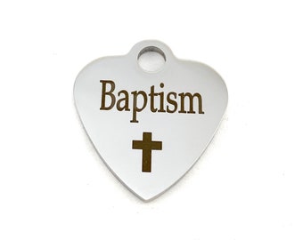 Baptism Charm, Custom engraved charm, Heart Charm, Laser Engraved Charm, Stainless Steel Engraved Charm, Personalized Gifts, 001