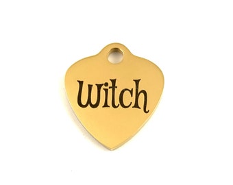 Witch Charm, Witch Heart Charm,  Heart Charm, Stainless Steel Engraved Charm, Halloween Charm, Custom Halloween Gift, Supplier, Personalized