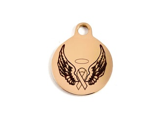 Angel Wing with Cancer Awareness Ribbon,  Round Charm, Stainless Steel Engraved Charm, Rose Gold Charm, Gold Charm, Silver Charm