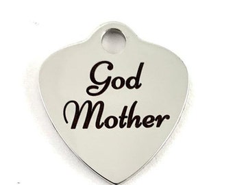 Godmother,  Heart Charm, Stainless Steel Engraved Charm, 027