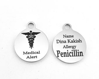 2 Sided Engraved Medical Alert Charm, Laser Engraved Charm, Stainless Steel Engraved Charm, Laser Engraved, Gold Charm
