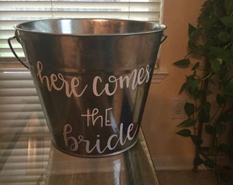 Here comes the bride flower girl basket, flower tin pail, rustic wedding, chic wedding, country wedding, outdoor wedding, tin basket