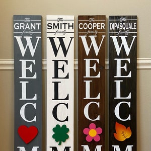 Custom Family Name WELCOME Sign w/ Interchangeable O Attachment Pieces, Large Vertical Front Door Porch Leaner, Gray, White, Black, Brown