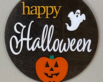 Happy Halloween Door Hanger Wreath with Pumpkin and Ghost, Halloween Front Porch Sign, Trick or Treat Sign, 3D Wood, Fall Front Door Decor