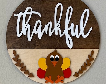 Thankful Door Hanger Wreath, Fall Thanksgiving Porch Sign, Housewarming Gift, 3D Sign, Fall Front Door Decor, Fall Porch, Wood Sign