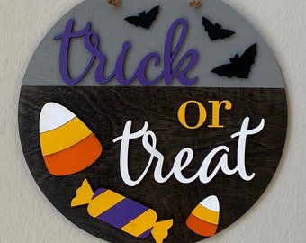 Trick or Treat Door Hanger Wreath with Bats & Candy Corn, Halloween Porch Sign, Housewarming Gift, 3D Wood Sign, Fall Front Door Decor