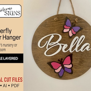 Digital Butterfly Bedroom Door Hanger, Glowforge Laser Cut Ready File, SVG, Nursery Decor, Baby Name Sign, DIY Craft Projects for Beginners