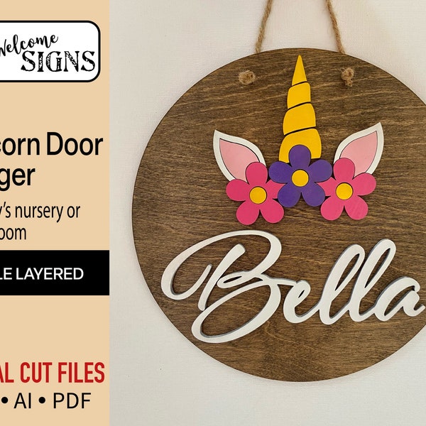 Digital Unicorn Bedroom Door Hanger, Glowforge Laser Cut Ready File, SVG, Nursery Decor, Baby Name Sign, DIY Craft Projects
