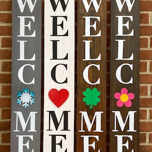 Wood WELCOME Sign, Interchangeable O Attachment Pieces, Large Vertical Front Door Porch Leaner, Seasonal, Gift, Gray, White, Black, Brown