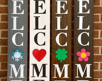 Wood WELCOME Sign, Interchangeable O Attachment Pieces, Large Vertical Front Door Porch Leaner, Seasonal, Gift, Gray, White, Black, Brown