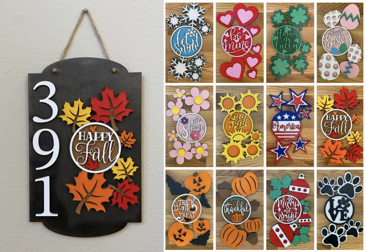 Interchangeable Address Sign Plaque, Door Hanger, Holiday & Seasonal Decor, Brown, White, Gray or Black