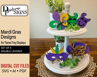 Digital Mardi Gras Pieces for Tiered Tray Display, Glowforge Laser Cut File, SVG, Fleur delis and Mask Designs , DIY Craft Projects