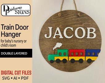 Digital Train Bedroom Door Hanger, Glowforge Laser Cut Ready File, SVG, Nursery Decor, Baby Name Sign, DIY Craft Projects