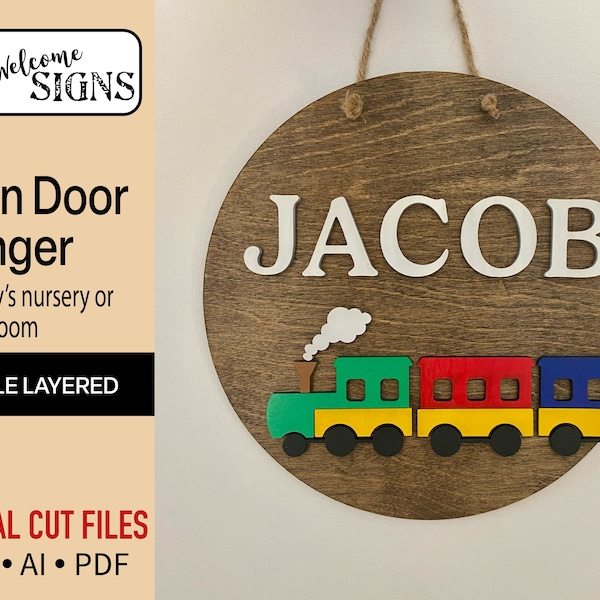 Digital Train Bedroom Door Hanger, Glowforge Laser Cut Ready File, SVG, Nursery Decor, Baby Name Sign, DIY Craft Projects