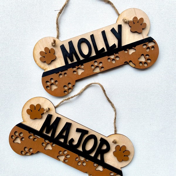 Personalized Dog Kennel Sign, Custom Name Wood Dog Bone Sign, Puppy Photo Prop, Pet Parent Gift, 3D Double Layered Paw Print Sign