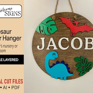 Digitale Dinosaurier Schlafzimmer Türschild, Glowforge Laser Cut Fertig Datei, SVG, Kinderzimmer Dekor, Baby Namen Schild, DIY Handwerk Projekte für Anfänger