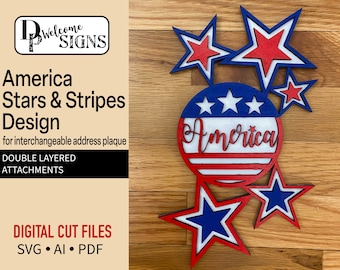 Digital Interchangeable Address Plaque America Stars and Stripes Attachment, Glowforge Laser Cut Ready File, SVG Seasonal Double Layered