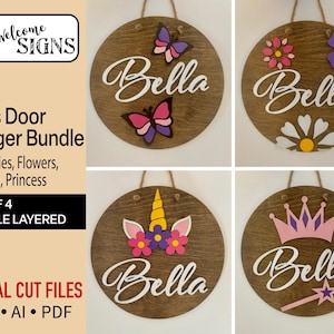 Digital Girl’s Room Door Hanger Bundle, Glowforge Laser Cut Ready File, SVG, Nursery Decor, Baby Name Sign, DIY Craft Projects for Beginners