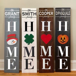 Custom Family Name HOME Sign w/ Interchangeable O Attachment Pieces, Large Vertical Front Door Porch Leaner, Gray, White, Black, Brown