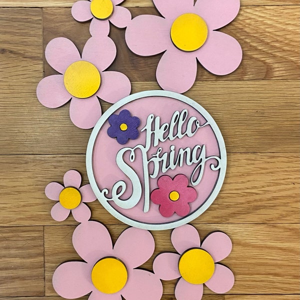 Hello Spring Attachment Piece for Interchangeable Address Plaque, Spring Flower Wood Cutout, Double Layered 3D Inserts, Housewarming Sign