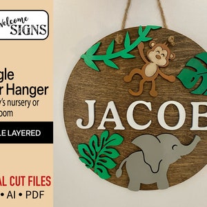 Digitale Dschungel Safari Schlafzimmer Türschild, Glowforge Laser Cut Bereit Datei, SVG, Kinderzimmer Dekor, Baby Namensschild, DIY Craft Projekte