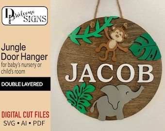 Digital Jungle Safari Bedroom Door Hanger, Glowforge Laser Cut Ready File, SVG, Nursery Decor, Baby Name Sign, DIY Craft Projects
