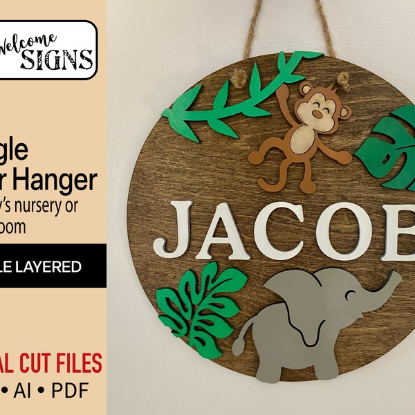 Digital Jungle Safari Bedroom Door Hanger, Glowforge Laser Cut Ready File, SVG, Nursery Decor, Baby Name Sign, DIY Craft Projects