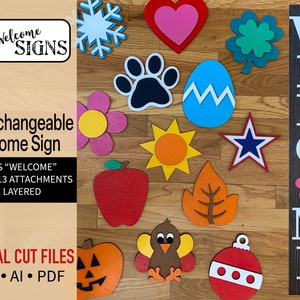 Digital Interchangeable Welcome Sign SVG Glowforge Laser Cut File, Holiday Images, Front Porch Sign, Seasonal Door Hanger, Tiered Tray, DIY
